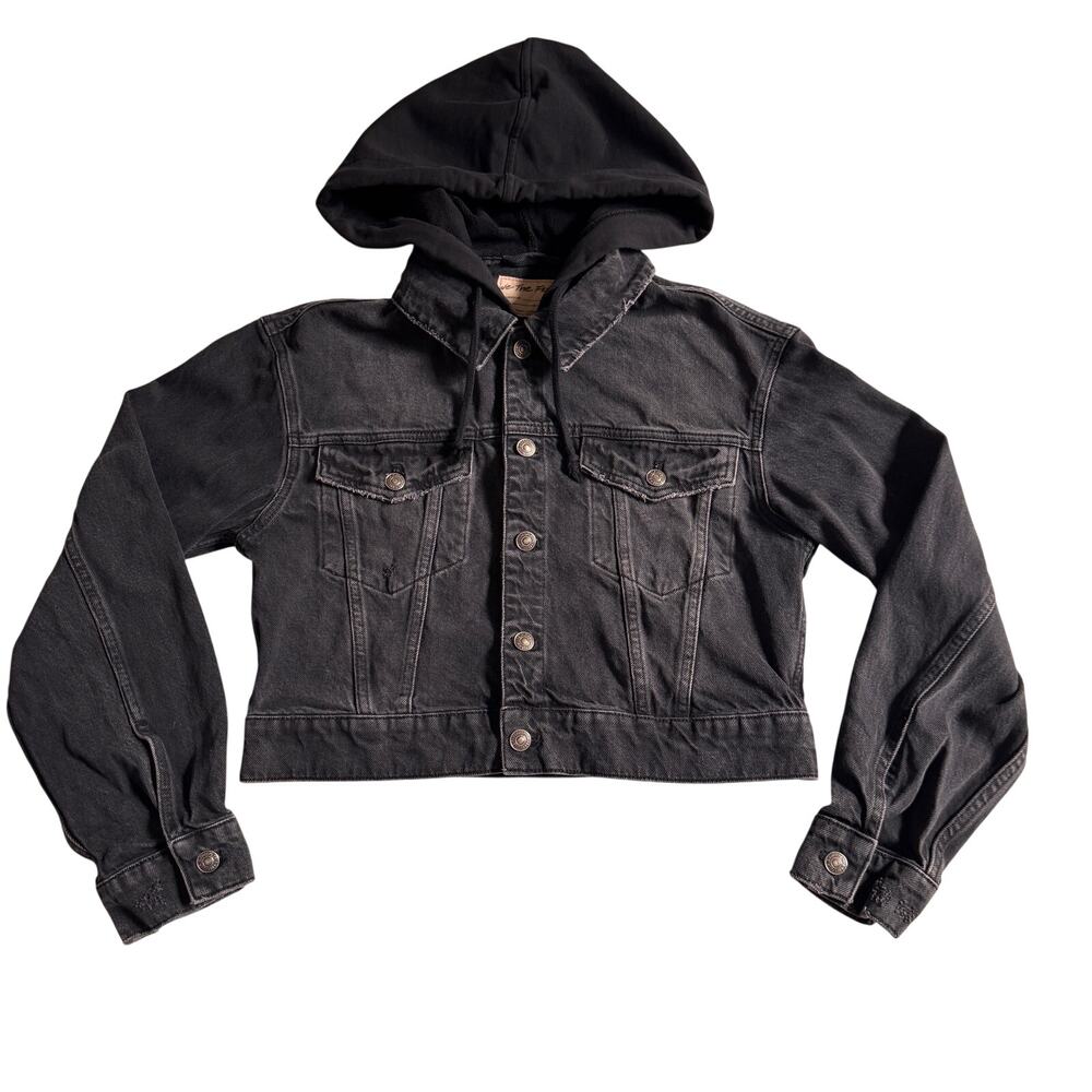 We the Free People Brando Denim Hoodie Jacket Black Wash Size Small Cropped - Picture 3 of 13